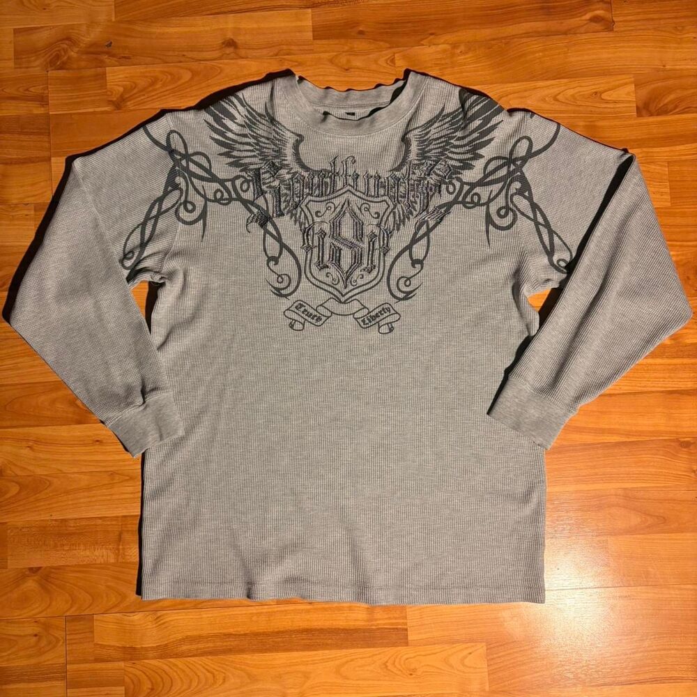 Vintage Southpole Affliction Style Grey Thermal Long Sleeve Size XL Skater